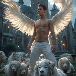 AI male art photos with a fantastical atmosphere. Imagine a Hogwarts School of Witchcraft student, from the Harry Potter series, a handsome, beautiful, and attractive, shirtless young teenage boy, standing firm against a threat. With a detailed Hogwarts castle background, casting a powerful spell, conjuring creatures based on their assigned house crest. From Demonic snakes, powerful lions, fierce badgers, or a murder of Crows. Dementors floating ominously in a cloudy sky, and sparks, shadows, and cinematic lighting, offering an otherworldly vibe.