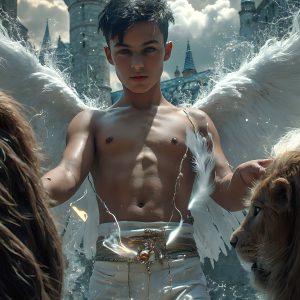 AI male art photos with a fantastical atmosphere. Imagine a Hogwarts School of Witchcraft student, from the Harry Potter series, a handsome, beautiful, and attractive, shirtless young teenage boy, standing firm against a threat. With a detailed Hogwarts castle background, casting a powerful spell, conjuring creatures based on their assigned house crest. From Demonic snakes, powerful lions, fierce badgers, or a murder of Crows. Dementors floating ominously in a cloudy sky, and sparks, shadows, and cinematic lighting, offering an otherworldly vibe.