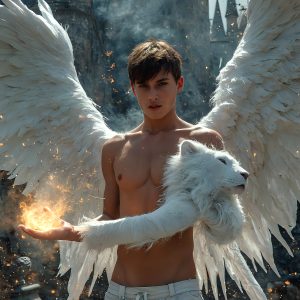 AI male art photos with a fantastical atmosphere. Imagine a Hogwarts School of Witchcraft student, from the Harry Potter series, a handsome, beautiful, and attractive, shirtless young teenage boy, standing firm against a threat. With a detailed Hogwarts castle background, casting a powerful spell, conjuring creatures based on their assigned house crest. From Demonic snakes, powerful lions, fierce badgers, or a murder of Crows. Dementors floating ominously in a cloudy sky, and sparks, shadows, and cinematic lighting, offering an otherworldly vibe.