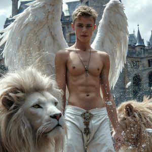 AI male art photos with a fantastical atmosphere. Imagine a Hogwarts School of Witchcraft student, from the Harry Potter series, a handsome, beautiful, and attractive, shirtless young teenage boy, standing firm against a threat. With a detailed Hogwarts castle background, casting a powerful spell, conjuring creatures based on their assigned house crest. From Demonic snakes, powerful lions, fierce badgers, or a murder of Crows. Dementors floating ominously in a cloudy sky, and sparks, shadows, and cinematic lighting, offering an otherworldly vibe.