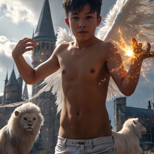 AI male art photos with a fantastical atmosphere. Imagine a Hogwarts School of Witchcraft student, from the Harry Potter series, a handsome, beautiful, and attractive, shirtless young teenage boy, standing firm against a threat. With a detailed Hogwarts castle background, casting a powerful spell, conjuring creatures based on their assigned house crest. From Demonic snakes, powerful lions, fierce badgers, or a murder of Crows. Dementors floating ominously in a cloudy sky, and sparks, shadows, and cinematic lighting, offering an otherworldly vibe.