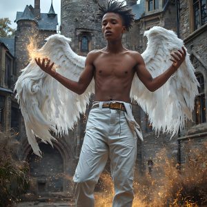 AI male art photos with a fantastical atmosphere. Imagine a Hogwarts School of Witchcraft student, from the Harry Potter series, a handsome, beautiful, and attractive, shirtless young teenage boy, standing firm against a threat. With a detailed Hogwarts castle background, casting a powerful spell, conjuring creatures based on their assigned house crest. From Demonic snakes, powerful lions, fierce badgers, or a murder of Crows. Dementors floating ominously in a cloudy sky, and sparks, shadows, and cinematic lighting, offering an otherworldly vibe.