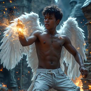 AI male art photos with a fantastical atmosphere. Imagine a Hogwarts School of Witchcraft student, from the Harry Potter series, a handsome, beautiful, and attractive, shirtless young teenage boy, standing firm against a threat. With a detailed Hogwarts castle background, casting a powerful spell, conjuring creatures based on their assigned house crest. From Demonic snakes, powerful lions, fierce badgers, or a murder of Crows. Dementors floating ominously in a cloudy sky, and sparks, shadows, and cinematic lighting, offering an otherworldly vibe.