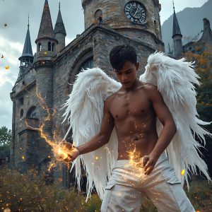 AI male art photos with a fantastical atmosphere. Imagine a Hogwarts School of Witchcraft student, from the Harry Potter series, a handsome, beautiful, and attractive, shirtless young teenage boy, standing firm against a threat. With a detailed Hogwarts castle background, casting a powerful spell, conjuring creatures based on their assigned house crest. From Demonic snakes, powerful lions, fierce badgers, or a murder of Crows. Dementors floating ominously in a cloudy sky, and sparks, shadows, and cinematic lighting, offering an otherworldly vibe.