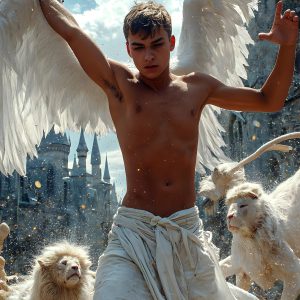 AI male art photos with a fantastical atmosphere. Imagine a Hogwarts School of Witchcraft student, from the Harry Potter series, a handsome, beautiful, and attractive, shirtless young teenage boy, standing firm against a threat. With a detailed Hogwarts castle background, casting a powerful spell, conjuring creatures based on their assigned house crest. From Demonic snakes, powerful lions, fierce badgers, or a murder of Crows. Dementors floating ominously in a cloudy sky, and sparks, shadows, and cinematic lighting, offering an otherworldly vibe.