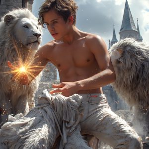 AI male art photos with a fantastical atmosphere. Imagine a Hogwarts School of Witchcraft student, from the Harry Potter series, a handsome, beautiful, and attractive, shirtless young teenage boy, standing firm against a threat. With a detailed Hogwarts castle background, casting a powerful spell, conjuring creatures based on their assigned house crest. From Demonic snakes, powerful lions, fierce badgers, or a murder of Crows. Dementors floating ominously in a cloudy sky, and sparks, shadows, and cinematic lighting, offering an otherworldly vibe.