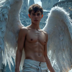 AI male art photos with a fantastical atmosphere. Imagine a Hogwarts School of Witchcraft student, from the Harry Potter series, a handsome, beautiful, and attractive, shirtless young teenage boy, standing firm against a threat. With a detailed Hogwarts castle background, casting a powerful spell, conjuring creatures based on their assigned house crest. From Demonic snakes, powerful lions, fierce badgers, or a murder of Crows. Dementors floating ominously in a cloudy sky, and sparks, shadows, and cinematic lighting, offering an otherworldly vibe.