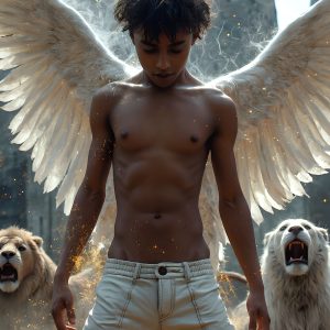 AI male art photos with a fantastical atmosphere. Imagine a Hogwarts School of Witchcraft student, from the Harry Potter series, a handsome, beautiful, and attractive, shirtless young teenage boy, standing firm against a threat. With a detailed Hogwarts castle background, casting a powerful spell, conjuring creatures based on their assigned house crest. From Demonic snakes, powerful lions, fierce badgers, or a murder of Crows. Dementors floating ominously in a cloudy sky, and sparks, shadows, and cinematic lighting, offering an otherworldly vibe.