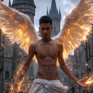 AI male art photos with a fantastical atmosphere. Imagine a Hogwarts School of Witchcraft student, from the Harry Potter series, a handsome, beautiful, and attractive, shirtless young teenage boy, standing firm against a threat. With a detailed Hogwarts castle background, casting a powerful spell, conjuring creatures based on their assigned house crest. From Demonic snakes, powerful lions, fierce badgers, or a murder of Crows. Dementors floating ominously in a cloudy sky, and sparks, shadows, and cinematic lighting, offering an otherworldly vibe.