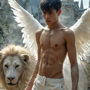 AI male art photos with a fantastical atmosphere. Imagine a Hogwarts School of Witchcraft student, from the Harry Potter series, a handsome, beautiful, and attractive, shirtless young teenage boy, standing firm against a threat. With a detailed Hogwarts castle background, casting a powerful spell, conjuring creatures based on their assigned house crest. From Demonic snakes, powerful lions, fierce badgers, or a murder of Crows. Dementors floating ominously in a cloudy sky, and sparks, shadows, and cinematic lighting, offering an otherworldly vibe.