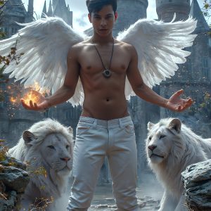 AI male art photos with a fantastical atmosphere. Imagine a Hogwarts School of Witchcraft student, from the Harry Potter series, a handsome, beautiful, and attractive, shirtless young teenage boy, standing firm against a threat. With a detailed Hogwarts castle background, casting a powerful spell, conjuring creatures based on their assigned house crest. From Demonic snakes, powerful lions, fierce badgers, or a murder of Crows. Dementors floating ominously in a cloudy sky, and sparks, shadows, and cinematic lighting, offering an otherworldly vibe.