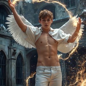 AI male art photos with a fantastical atmosphere. Imagine a Hogwarts School of Witchcraft student, from the Harry Potter series, a handsome, beautiful, and attractive, shirtless young teenage boy, standing firm against a threat. With a detailed Hogwarts castle background, casting a powerful spell, conjuring creatures based on their assigned house crest. From Demonic snakes, powerful lions, fierce badgers, or a murder of Crows. Dementors floating ominously in a cloudy sky, and sparks, shadows, and cinematic lighting, offering an otherworldly vibe.