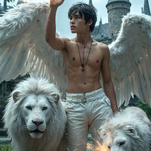 AI male art photos with a fantastical atmosphere. Imagine a Hogwarts School of Witchcraft student, from the Harry Potter series, a handsome, beautiful, and attractive, shirtless young teenage boy, standing firm against a threat. With a detailed Hogwarts castle background, casting a powerful spell, conjuring creatures based on their assigned house crest. From Demonic snakes, powerful lions, fierce badgers, or a murder of Crows. Dementors floating ominously in a cloudy sky, and sparks, shadows, and cinematic lighting, offering an otherworldly vibe.