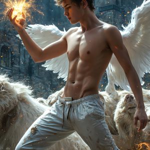 AI male art photos with a fantastical atmosphere. Imagine a Hogwarts School of Witchcraft student, from the Harry Potter series, a handsome, beautiful, and attractive, shirtless young teenage boy, standing firm against a threat. With a detailed Hogwarts castle background, casting a powerful spell, conjuring creatures based on their assigned house crest. From Demonic snakes, powerful lions, fierce badgers, or a murder of Crows. Dementors floating ominously in a cloudy sky, and sparks, shadows, and cinematic lighting, offering an otherworldly vibe.