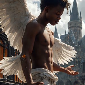 AI male art photos with a fantastical atmosphere. Imagine a Hogwarts School of Witchcraft student, from the Harry Potter series, a handsome, beautiful, and attractive, shirtless young teenage boy, standing firm against a threat. With a detailed Hogwarts castle background, casting a powerful spell, conjuring creatures based on their assigned house crest. From Demonic snakes, powerful lions, fierce badgers, or a murder of Crows. Dementors floating ominously in a cloudy sky, and sparks, shadows, and cinematic lighting, offering an otherworldly vibe.