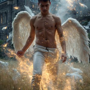 AI male art photos with a fantastical atmosphere. Imagine a Hogwarts School of Witchcraft student, from the Harry Potter series, a handsome, beautiful, and attractive, shirtless young teenage boy, standing firm against a threat. With a detailed Hogwarts castle background, casting a powerful spell, conjuring creatures based on their assigned house crest. From Demonic snakes, powerful lions, fierce badgers, or a murder of Crows. Dementors floating ominously in a cloudy sky, and sparks, shadows, and cinematic lighting, offering an otherworldly vibe.