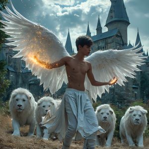 AI male art photos with a fantastical atmosphere. Imagine a Hogwarts School of Witchcraft student, from the Harry Potter series, a handsome, beautiful, and attractive, shirtless young teenage boy, standing firm against a threat. With a detailed Hogwarts castle background, casting a powerful spell, conjuring creatures based on their assigned house crest. From Demonic snakes, powerful lions, fierce badgers, or a murder of Crows. Dementors floating ominously in a cloudy sky, and sparks, shadows, and cinematic lighting, offering an otherworldly vibe.