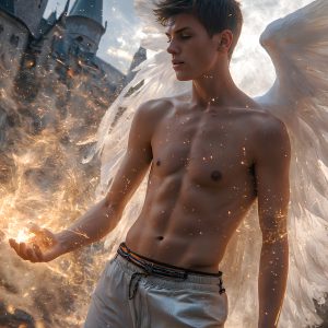 AI male art photos with a fantastical atmosphere. Imagine a Hogwarts School of Witchcraft student, from the Harry Potter series, a handsome, beautiful, and attractive, shirtless young teenage boy, standing firm against a threat. With a detailed Hogwarts castle background, casting a powerful spell, conjuring creatures based on their assigned house crest. From Demonic snakes, powerful lions, fierce badgers, or a murder of Crows. Dementors floating ominously in a cloudy sky, and sparks, shadows, and cinematic lighting, offering an otherworldly vibe.