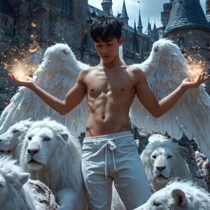 AI male art photos with a fantastical atmosphere. Imagine a Hogwarts School of Witchcraft student, from the Harry Potter series, a handsome, beautiful, and attractive, shirtless young teenage boy, standing firm against a threat. With a detailed Hogwarts castle background, casting a powerful spell, conjuring creatures based on their assigned house crest. From Demonic snakes, powerful lions, fierce badgers, or a murder of Crows. Dementors floating ominously in a cloudy sky, and sparks, shadows, and cinematic lighting, offering an otherworldly vibe.