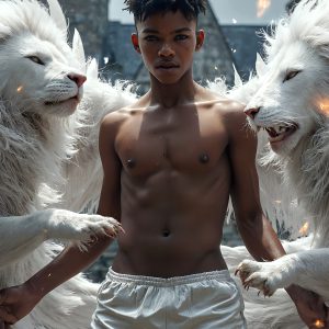 AI male art photos with a fantastical atmosphere. Imagine a Hogwarts School of Witchcraft student, from the Harry Potter series, a handsome, beautiful, and attractive, shirtless young teenage boy, standing firm against a threat. With a detailed Hogwarts castle background, casting a powerful spell, conjuring creatures based on their assigned house crest. From Demonic snakes, powerful lions, fierce badgers, or a murder of Crows. Dementors floating ominously in a cloudy sky, and sparks, shadows, and cinematic lighting, offering an otherworldly vibe.