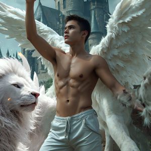 AI male art photos with a fantastical atmosphere. Imagine a Hogwarts School of Witchcraft student, from the Harry Potter series, a handsome, beautiful, and attractive, shirtless young teenage boy, standing firm against a threat. With a detailed Hogwarts castle background, casting a powerful spell, conjuring creatures based on their assigned house crest. From Demonic snakes, powerful lions, fierce badgers, or a murder of Crows. Dementors floating ominously in a cloudy sky, and sparks, shadows, and cinematic lighting, offering an otherworldly vibe.