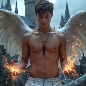 AI male art photos with a fantastical atmosphere. Imagine a Hogwarts School of Witchcraft student, from the Harry Potter series, a handsome, beautiful, and attractive, shirtless young teenage boy, standing firm against a threat. With a detailed Hogwarts castle background, casting a powerful spell, conjuring creatures based on their assigned house crest. From Demonic snakes, powerful lions, fierce badgers, or a murder of Crows. Dementors floating ominously in a cloudy sky, and sparks, shadows, and cinematic lighting, offering an otherworldly vibe.