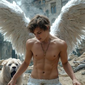 AI male art photos with a fantastical atmosphere. Imagine a Hogwarts School of Witchcraft student, from the Harry Potter series, a handsome, beautiful, and attractive, shirtless young teenage boy, standing firm against a threat. With a detailed Hogwarts castle background, casting a powerful spell, conjuring creatures based on their assigned house crest. From Demonic snakes, powerful lions, fierce badgers, or a murder of Crows. Dementors floating ominously in a cloudy sky, and sparks, shadows, and cinematic lighting, offering an otherworldly vibe.