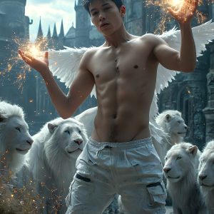 AI male art photos with a fantastical atmosphere. Imagine a Hogwarts School of Witchcraft student, from the Harry Potter series, a handsome, beautiful, and attractive, shirtless young teenage boy, standing firm against a threat. With a detailed Hogwarts castle background, casting a powerful spell, conjuring creatures based on their assigned house crest. From Demonic snakes, powerful lions, fierce badgers, or a murder of Crows. Dementors floating ominously in a cloudy sky, and sparks, shadows, and cinematic lighting, offering an otherworldly vibe.