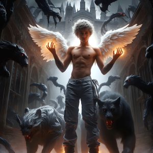 AI male art photos with a fantastical atmosphere. Imagine a Hogwarts School of Witchcraft student, from the Harry Potter series, a handsome, beautiful, and attractive, shirtless young teenage boy, standing firm against a threat. With a detailed Hogwarts castle background, casting a powerful spell, conjuring creatures based on their assigned house crest. From Demonic snakes, powerful lions, fierce badgers, or a murder of Crows. Dementors floating ominously in a cloudy sky, and sparks, shadows, and cinematic lighting, offering an otherworldly vibe.