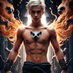 AI male art photos with a fantastical atmosphere. Imagine a Hogwarts School of Witchcraft student, from the Harry Potter series, a handsome, beautiful, and attractive, shirtless young teenage boy, standing firm against a threat. With a detailed Hogwarts castle background, casting a powerful spell, conjuring creatures based on their assigned house crest. From Demonic snakes, powerful lions, fierce badgers, or a murder of Crows. Dementors floating ominously in a cloudy sky, and sparks, shadows, and cinematic lighting, offering an otherworldly vibe.