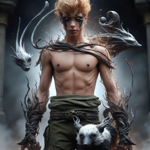 AI male art photos with a fantastical atmosphere. Imagine a Hogwarts School of Witchcraft student, from the Harry Potter series, a handsome, beautiful, and attractive, shirtless young teenage boy, standing firm against a threat. With a detailed Hogwarts castle background, casting a powerful spell, conjuring creatures based on their assigned house crest. From Demonic snakes, powerful lions, fierce badgers, or a murder of Crows. Dementors floating ominously in a cloudy sky, and sparks, shadows, and cinematic lighting, offering an otherworldly vibe.