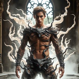 AI male art photos with a fantastical atmosphere. Imagine a Hogwarts School of Witchcraft student, from the Harry Potter series, a handsome, beautiful, and attractive, shirtless young teenage boy, standing firm against a threat. With a detailed Hogwarts castle background, casting a powerful spell, conjuring creatures based on their assigned house crest. From Demonic snakes, powerful lions, fierce badgers, or a murder of Crows. Dementors floating ominously in a cloudy sky, and sparks, shadows, and cinematic lighting, offering an otherworldly vibe.