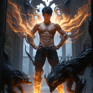 AI male art photos with a fantastical atmosphere. Imagine a Hogwarts School of Witchcraft student, from the Harry Potter series, a handsome, beautiful, and attractive, shirtless young teenage boy, standing firm against a threat. With a detailed Hogwarts castle background, casting a powerful spell, conjuring creatures based on their assigned house crest. From Demonic snakes, powerful lions, fierce badgers, or a murder of Crows. Dementors floating ominously in a cloudy sky, and sparks, shadows, and cinematic lighting, offering an otherworldly vibe.