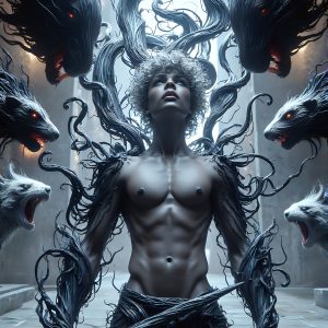 AI male art photos with a fantastical atmosphere. Imagine a Hogwarts School of Witchcraft student, from the Harry Potter series, a handsome, beautiful, and attractive, shirtless young teenage boy, standing firm against a threat. With a detailed Hogwarts castle background, casting a powerful spell, conjuring creatures based on their assigned house crest. From Demonic snakes, powerful lions, fierce badgers, or a murder of Crows. Dementors floating ominously in a cloudy sky, and sparks, shadows, and cinematic lighting, offering an otherworldly vibe.