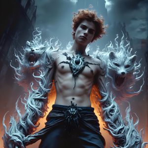 AI male art photos with a fantastical atmosphere. Imagine a Hogwarts School of Witchcraft student, from the Harry Potter series, a handsome, beautiful, and attractive, shirtless young teenage boy, standing firm against a threat. With a detailed Hogwarts castle background, casting a powerful spell, conjuring creatures based on their assigned house crest. From Demonic snakes, powerful lions, fierce badgers, or a murder of Crows. Dementors floating ominously in a cloudy sky, and sparks, shadows, and cinematic lighting, offering an otherworldly vibe.