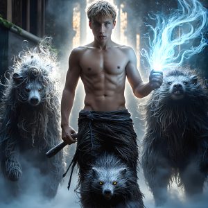 AI male art photos with a fantastical atmosphere. Imagine a Hogwarts School of Witchcraft student, from the Harry Potter series, a handsome, beautiful, and attractive, shirtless young teenage boy, standing firm against a threat. With a detailed Hogwarts castle background, casting a powerful spell, conjuring creatures based on their assigned house crest. From Demonic snakes, powerful lions, fierce badgers, or a murder of Crows. Dementors floating ominously in a cloudy sky, and sparks, shadows, and cinematic lighting, offering an otherworldly vibe.