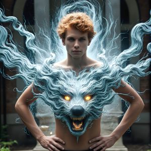 AI male art photos with a fantastical atmosphere. Imagine a Hogwarts School of Witchcraft student, from the Harry Potter series, a handsome, beautiful, and attractive, shirtless young teenage boy, standing firm against a threat. With a detailed Hogwarts castle background, casting a powerful spell, conjuring creatures based on their assigned house crest. From Demonic snakes, powerful lions, fierce badgers, or a murder of Crows. Dementors floating ominously in a cloudy sky, and sparks, shadows, and cinematic lighting, offering an otherworldly vibe.