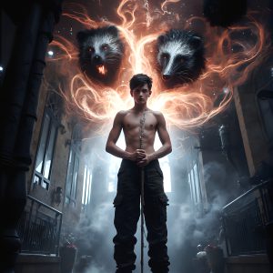 AI male art photos with a fantastical atmosphere. Imagine a Hogwarts School of Witchcraft student, from the Harry Potter series, a handsome, beautiful, and attractive, shirtless young teenage boy, standing firm against a threat. With a detailed Hogwarts castle background, casting a powerful spell, conjuring creatures based on their assigned house crest. From Demonic snakes, powerful lions, fierce badgers, or a murder of Crows. Dementors floating ominously in a cloudy sky, and sparks, shadows, and cinematic lighting, offering an otherworldly vibe.