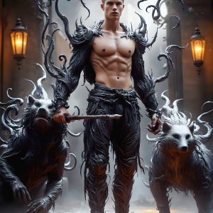 AI male art photos with a fantastical atmosphere. Imagine a Hogwarts School of Witchcraft student, from the Harry Potter series, a handsome, beautiful, and attractive, shirtless young teenage boy, standing firm against a threat. With a detailed Hogwarts castle background, casting a powerful spell, conjuring creatures based on their assigned house crest. From Demonic snakes, powerful lions, fierce badgers, or a murder of Crows. Dementors floating ominously in a cloudy sky, and sparks, shadows, and cinematic lighting, offering an otherworldly vibe.