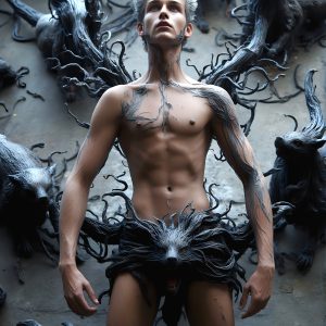 AI male art photos with a fantastical atmosphere. Imagine a Hogwarts School of Witchcraft student, from the Harry Potter series, a handsome, beautiful, and attractive, shirtless young teenage boy, standing firm against a threat. With a detailed Hogwarts castle background, casting a powerful spell, conjuring creatures based on their assigned house crest. From Demonic snakes, powerful lions, fierce badgers, or a murder of Crows. Dementors floating ominously in a cloudy sky, and sparks, shadows, and cinematic lighting, offering an otherworldly vibe.