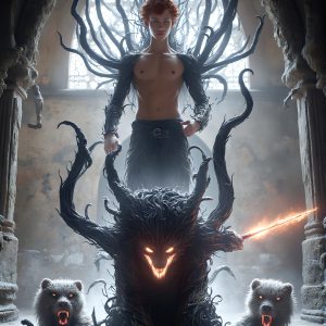 AI male art photos with a fantastical atmosphere. Imagine a Hogwarts School of Witchcraft student, from the Harry Potter series, a handsome, beautiful, and attractive, shirtless young teenage boy, standing firm against a threat. With a detailed Hogwarts castle background, casting a powerful spell, conjuring creatures based on their assigned house crest. From Demonic snakes, powerful lions, fierce badgers, or a murder of Crows. Dementors floating ominously in a cloudy sky, and sparks, shadows, and cinematic lighting, offering an otherworldly vibe.