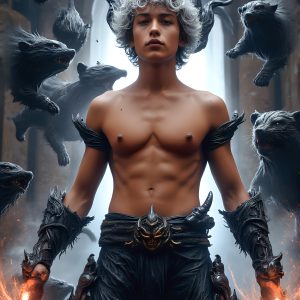 AI male art photos with a fantastical atmosphere. Imagine a Hogwarts School of Witchcraft student, from the Harry Potter series, a handsome, beautiful, and attractive, shirtless young teenage boy, standing firm against a threat. With a detailed Hogwarts castle background, casting a powerful spell, conjuring creatures based on their assigned house crest. From Demonic snakes, powerful lions, fierce badgers, or a murder of Crows. Dementors floating ominously in a cloudy sky, and sparks, shadows, and cinematic lighting, offering an otherworldly vibe.