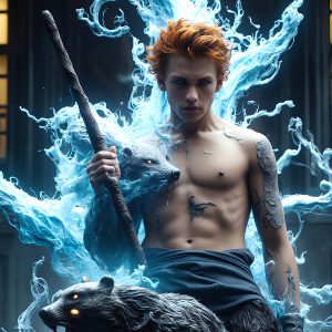 AI male art photos with a fantastical atmosphere. Imagine a Hogwarts School of Witchcraft student, from the Harry Potter series, a handsome, beautiful, and attractive, shirtless young teenage boy, standing firm against a threat. With a detailed Hogwarts castle background, casting a powerful spell, conjuring creatures based on their assigned house crest. From Demonic snakes, powerful lions, fierce badgers, or a murder of Crows. Dementors floating ominously in a cloudy sky, and sparks, shadows, and cinematic lighting, offering an otherworldly vibe.