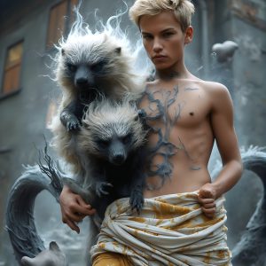 AI male art photos with a fantastical atmosphere. Imagine a Hogwarts School of Witchcraft student, from the Harry Potter series, a handsome, beautiful, and attractive, shirtless young teenage boy, standing firm against a threat. With a detailed Hogwarts castle background, casting a powerful spell, conjuring creatures based on their assigned house crest. From Demonic snakes, powerful lions, fierce badgers, or a murder of Crows. Dementors floating ominously in a cloudy sky, and sparks, shadows, and cinematic lighting, offering an otherworldly vibe.