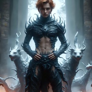 AI male art photos with a fantastical atmosphere. Imagine a Hogwarts School of Witchcraft student, from the Harry Potter series, a handsome, beautiful, and attractive, shirtless young teenage boy, standing firm against a threat. With a detailed Hogwarts castle background, casting a powerful spell, conjuring creatures based on their assigned house crest. From Demonic snakes, powerful lions, fierce badgers, or a murder of Crows. Dementors floating ominously in a cloudy sky, and sparks, shadows, and cinematic lighting, offering an otherworldly vibe.