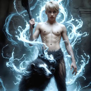 AI male art photos with a fantastical atmosphere. Imagine a Hogwarts School of Witchcraft student, from the Harry Potter series, a handsome, beautiful, and attractive, shirtless young teenage boy, standing firm against a threat. With a detailed Hogwarts castle background, casting a powerful spell, conjuring creatures based on their assigned house crest. From Demonic snakes, powerful lions, fierce badgers, or a murder of Crows. Dementors floating ominously in a cloudy sky, and sparks, shadows, and cinematic lighting, offering an otherworldly vibe.