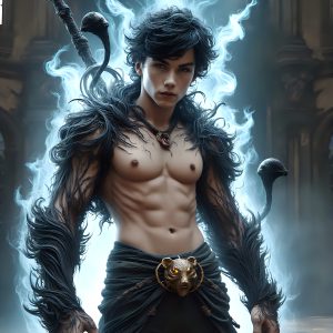 AI male art photos with a fantastical atmosphere. Imagine a Hogwarts School of Witchcraft student, from the Harry Potter series, a handsome, beautiful, and attractive, shirtless young teenage boy, standing firm against a threat. With a detailed Hogwarts castle background, casting a powerful spell, conjuring creatures based on their assigned house crest. From Demonic snakes, powerful lions, fierce badgers, or a murder of Crows. Dementors floating ominously in a cloudy sky, and sparks, shadows, and cinematic lighting, offering an otherworldly vibe.