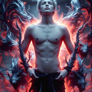 AI male art photos with a fantastical atmosphere. Imagine a Hogwarts School of Witchcraft student, from the Harry Potter series, a handsome, beautiful, and attractive, shirtless young teenage boy, standing firm against a threat. With a detailed Hogwarts castle background, casting a powerful spell, conjuring creatures based on their assigned house crest. From Demonic snakes, powerful lions, fierce badgers, or a murder of Crows. Dementors floating ominously in a cloudy sky, and sparks, shadows, and cinematic lighting, offering an otherworldly vibe.