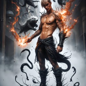 AI male art photos with a fantastical atmosphere. Imagine a Hogwarts School of Witchcraft student, from the Harry Potter series, a handsome, beautiful, and attractive, shirtless young teenage boy, standing firm against a threat. With a detailed Hogwarts castle background, casting a powerful spell, conjuring creatures based on their assigned house crest. From Demonic snakes, powerful lions, fierce badgers, or a murder of Crows. Dementors floating ominously in a cloudy sky, and sparks, shadows, and cinematic lighting, offering an otherworldly vibe.