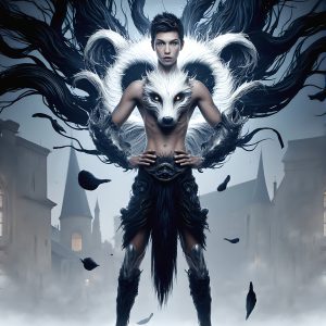 AI male art photos with a fantastical atmosphere. Imagine a Hogwarts School of Witchcraft student, from the Harry Potter series, a handsome, beautiful, and attractive, shirtless young teenage boy, standing firm against a threat. With a detailed Hogwarts castle background, casting a powerful spell, conjuring creatures based on their assigned house crest. From Demonic snakes, powerful lions, fierce badgers, or a murder of Crows. Dementors floating ominously in a cloudy sky, and sparks, shadows, and cinematic lighting, offering an otherworldly vibe.